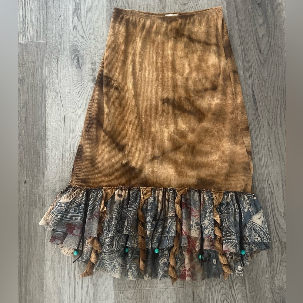 Vintage Punky Girl USA Bohemian Brown and Blue Ruffle Beaded Skirt L